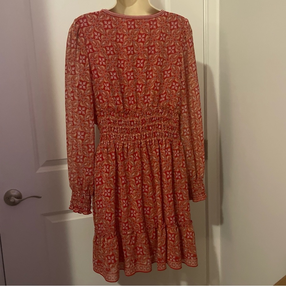 Max Studio London Women's L  Red Boho Paisley Smocked Ruffle dresses - Picture 3 of 15